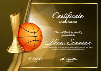 Basketball Certificate Diploma With Golden Cup Vector. Sport Vintage Appreciation. Modern Gift. Print Blank. A4 Horizontal. Event Illustration