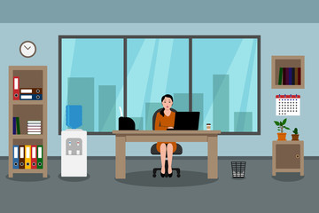 Asian woman sitting at table with laptop. Employee workplace. Vector illustration.