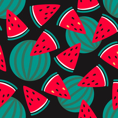 Fresh fruits, hand drawn backdrop. Colorful wallpaper vector. Seamless pattern with ripe watermelons. Decorative illustration, good for printing. Overlapping background design