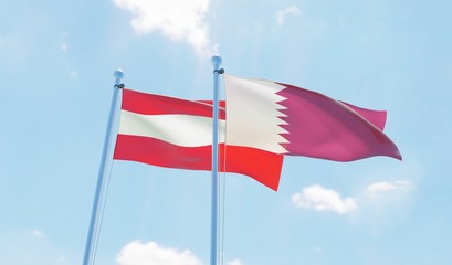 Qatar and Austria, two flags waving against blue sky. 3d image
