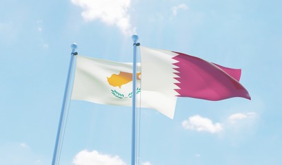 Qatar and Cyprus, two flags waving against blue sky. 3d image