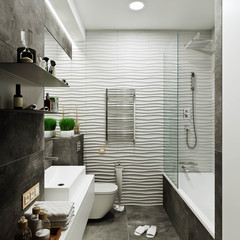 modern bathroom design with tiles under concrete and wave