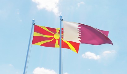 Qatar and Macedonia, two flags waving against blue sky. 3d image