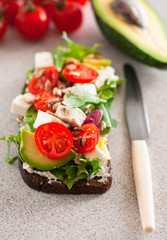 An avocado sandwich with tomatoes and cheeses. serving on the table	
