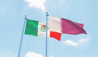 Qatar and Mexico, two flags waving against blue sky. 3d image