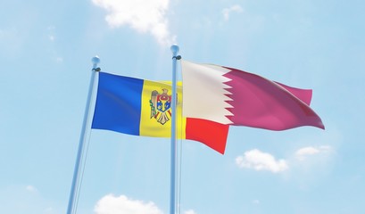 Qatar and Moldova, two flags waving against blue sky. 3d image