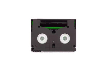 mini DV cassette, videotape, rear view, white background, isolated.
