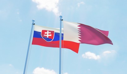 Qatar and Slovakia, two flags waving against blue sky. 3d image