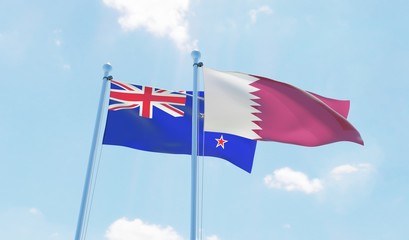 Qatar and New Zealand, two flags waving against blue sky. 3d image