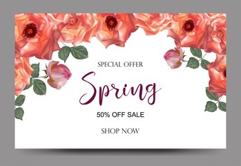 Spring Sale Off Background with rose Flower  Design Vector - Vector