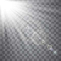 Light flare special effect with rays of light and magic sparkles. Glow transparent vector light effect set, explosion, glitter, spark, sun flash.
