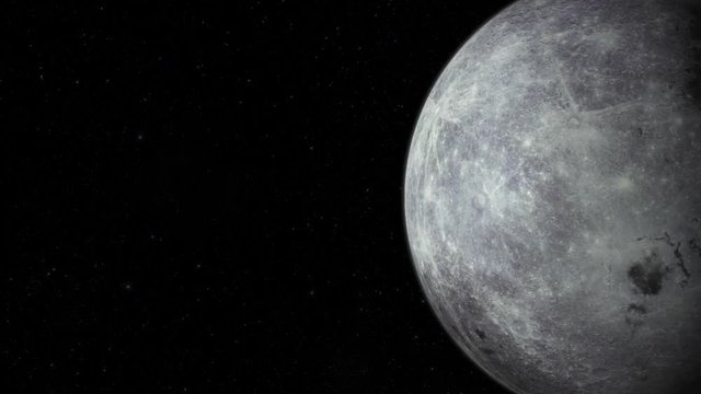 CGI composite: the moon rotating screen-right, half lit with a starry background.
