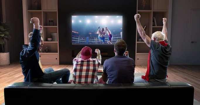 Group of fans are watching a boxing moment on the TV and celebrating a knockout, sitting on the couch in the living room. The living room is made in 3D.