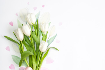 Background for greeting card. Tulips and hearts.