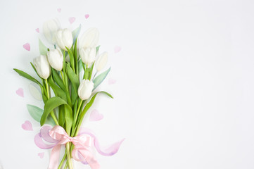 Background for postcards. White tulips with love.
