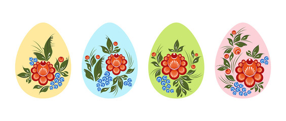 Vector illustration, set of easter eggs. Gorodets painting stylization. Russian native floral ornaments.