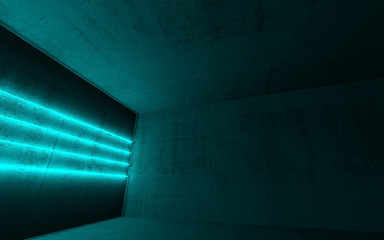 Cyan neon light lines on the wall, 3d