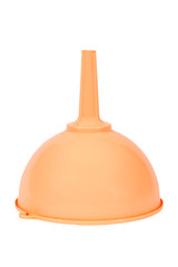 Plastic orange funnel, isolated, on white background