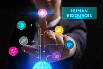 The concept of business, technology, the Internet and the network. A young entrepreneur working on a virtual screen of the future and sees the inscription: Human resources
