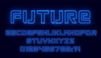 Futuristic neon font. Blue alphabet with numbers on dark background. Vector illustration.