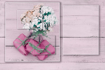 photo collage, flowers in a vase on a pink wooden background, places for text