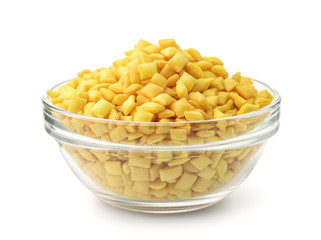 Glass bowl full of mini croutons