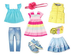 Bright colorful rainbow childs clothes isolated.