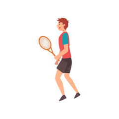 Obraz na płótnie Canvas Male Tennis Player with Racket in His Hand, Professional Sportsman Character Wearing Sports Uniform Vector Illustration