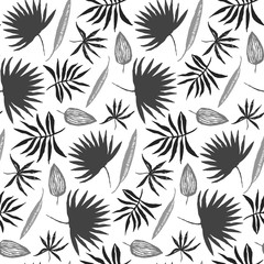 Contrast black and white seamless pattern with hand drawn inky tropical leaves. Monochrome chinese ink exotic floral elements texture for textile, wrapping paper, cover, surface, wallpaper