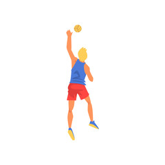 Fototapeta premium Male Volleyball Player with Ball, Professional Sportsman Character Wearing Sports Uniform, Back View Vector Illustration