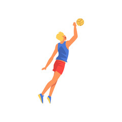 Male Volleyball Player Wearing Sports Uniform, Professional Sportsman Character Serving Ball Vector Illustration