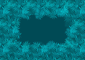 Fototapeta na wymiar Deep emerald green frame of fern tropical leaves with dark blue center background. Trendy rectangle aquamarine exotic greenery border for summer greeting cards, banner design, wedding invitation