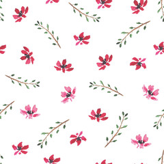 Fototapeta na wymiar Tender seamless pattern with hand drawn watercolor tiny red flowers and leaves on branches on white background. Bright summer floral texture for textile, wrapping paper, cover, surface, wallpaper