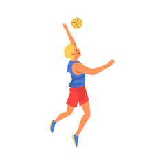 Man Volleyball Player Serving Ball, Professional Sportsman Character Wearing Sports Uniform in Motion Vector Illustration