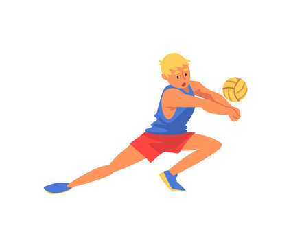 Man Volleyball Player Playing with Ball Wearing Sports Uniform, Professional Sportsman Character in Motion Vector Illustration