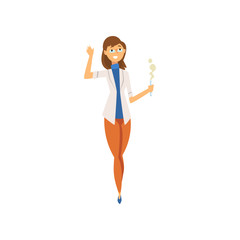 Woman Scientist in White Coat Holding Test Fask, Female Chemist Character Vector Illustration