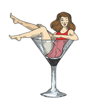 Young Sexy Beauty Woman Sit On High Martini Cocktail Glass Color Sketch Engraving Vector Illustration. Scratch Board Style Imitation. Black And White Hand Drawn Image.