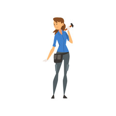 Woman Construction Worker, Carpenter or Builder Character with Hammer Vector Illustration