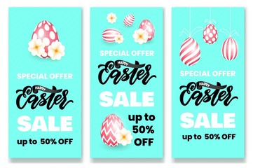 Set of flyers Happy Easter sale banner template with beautiful colorful spring flowers and easter pink gold eggs on blue background. Vector illustration.
