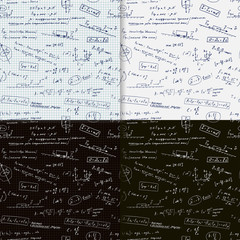 WebNabot of four endless patterns with handwritten formulas in mathematics and physics on a white, dark background and on a checkered sheet