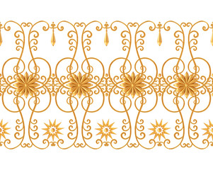 Seamless pattern. Golden textured curls. Oriental style arabesques. Brilliant lace, stylized flowers. Openwork weaving delicate, golden background.