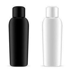 Shampoo Bottles Set. Black and White Cosmetic Pack. Realistic Mockup Packaging Collection for Hand Moisturizer, Liquid Soap or Gel. 3d Blank Illustration.