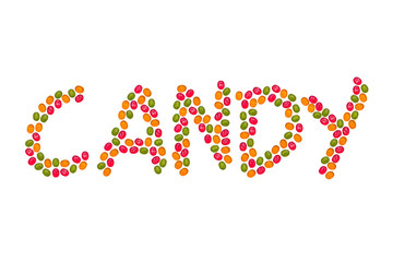 the word "candy" made up of multicolored caramel candies
