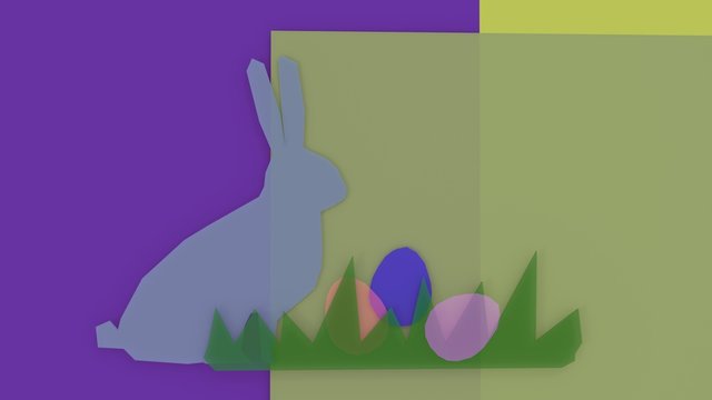  abstract composition: Easter bunny and painted eggs on the grass