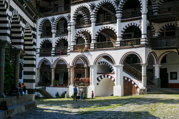 The view on the interior courtyard of famous Rila Monastery in Bulgaria.