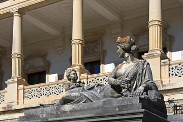 Ancient statues at the garden of Peles Castle, one of the most important monuments in Romania