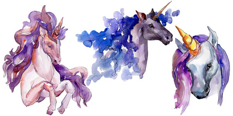 Cute unicorn horse. Fairytale children sweet dream. Watercolor background set. Isolated unicorn illustration element. © yanushkov