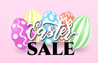 Easter sale banner template with easter colorful eggs on pink background. Vector illustration.