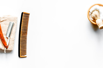 Mens hairdressing desktop with tools for shaving top view