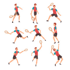 Fototapeta na wymiar Young Man Playing Tennis Set, Professional Sportswoman Character Wearing Sports Uniform in Action Vector Illustration